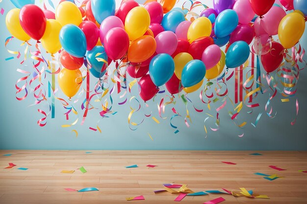 Une fête d'anniversaire vibrante et colorée avec des ballons et des banderoles ornant un fond vide