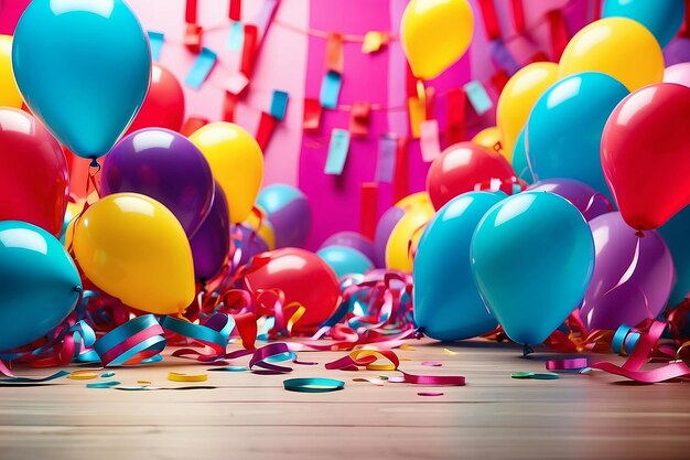 Une fête d'anniversaire vibrante et colorée avec des ballons et des banderoles ornant un fond vide