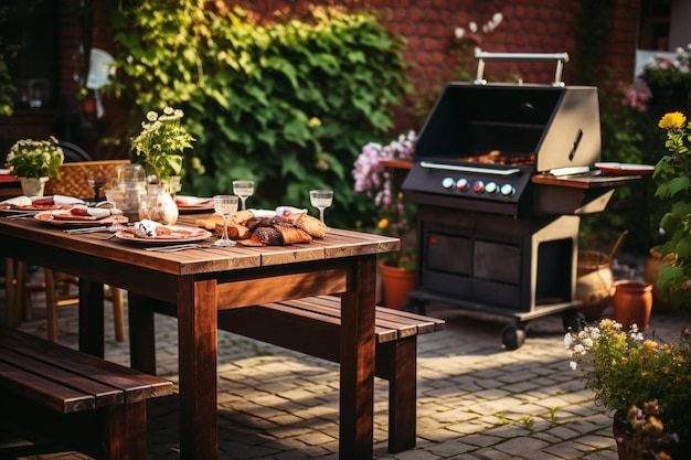 Photo fête bbq dans la cour arrière avec des meubles de pique-nique de clôture