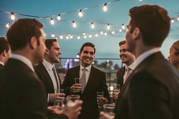 Fête de célibataire avec le marié et ses amis dans un bar sur le toit appréciant la vue panoramique et les rires