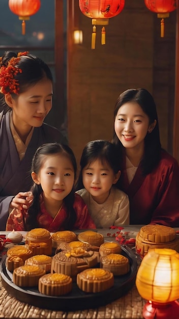 Fête chinoise la famille réunie pour la fête du milieu de l'automne dégustant des gâteaux de lune