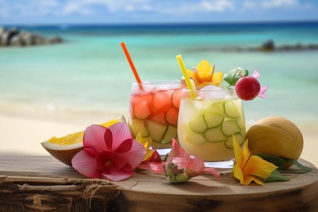 Photo une fête de cocktail sur la plage avec des boissons tropicales et de la musique live.