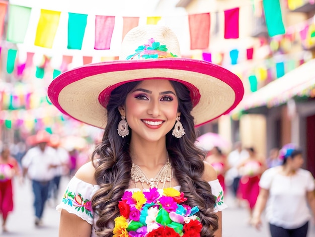 Une fête colorée dans les rues du Mexique Célébrant le Cinco de Mayo avec un chapeau et un drapeau mexicains