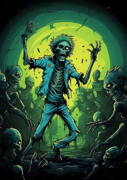 Une fête de danse de zombies avec des créatures morts-vivants groovant à la musique de l'Halloween