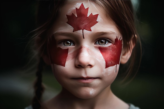 Fête du Canada Une fille avec une peinture faciale à la feuille d'érable canadienne