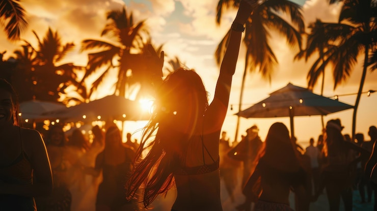 Photo la fête du coucher de soleil sur la plage