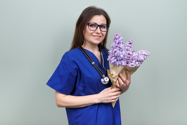 Fête du docteur, célébration. Heureuse femme infirmier souriante avec bouquet de fleurs, posant une femme regardant la caméra, fond vert clair