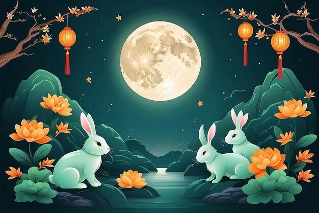 Photo fête du midautomne le 15 août mythologie traditionnelle du lapin de jade adorant la lune