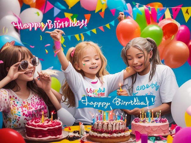 Fête des enfants heureux Un groupe de cinq enfants asiatiques socialisent en tant que collègues avec des gâteaux d'anniversaire et