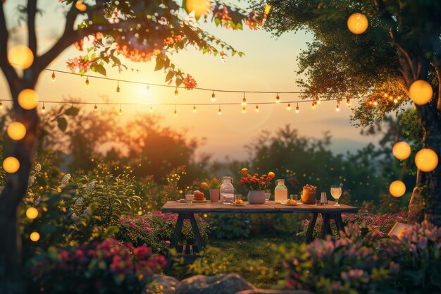 Une fête d'été au coucher du soleil avec des silhouettes contre le ciel coloré