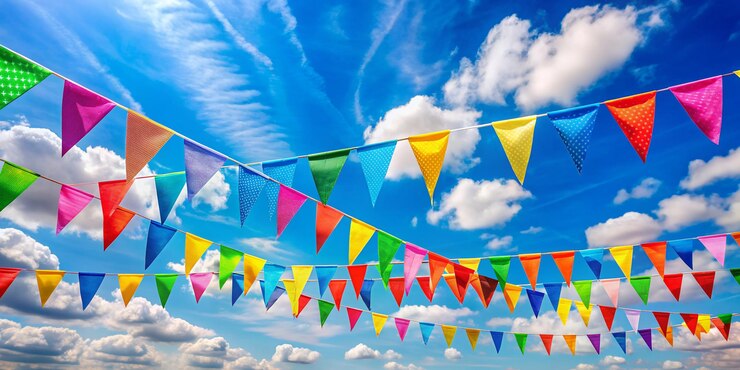 Photo fête d'été avec des banderoles colorées et une célébration de l'événement blue sky