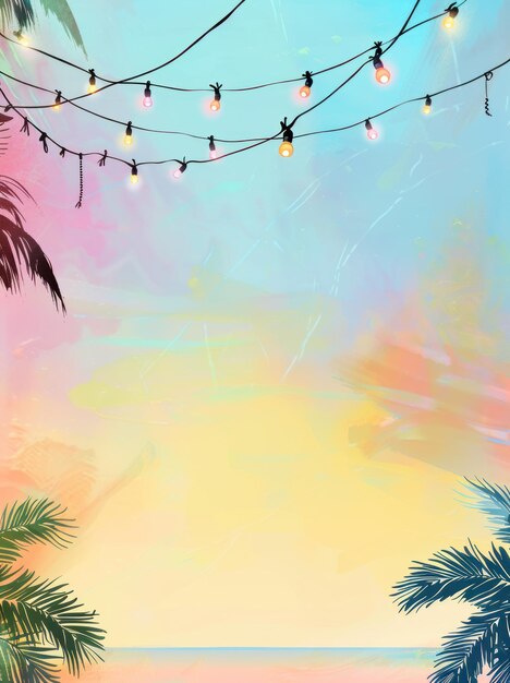 Photo fête d'été de nuit palmiers de plage avec des guirlandes d'ampoules de lumière grande zone de copyspace composition décentrée