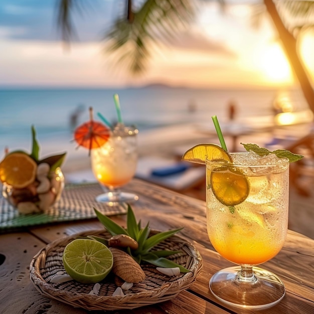 Fête d'été sur la plage avec des cocktails sur une table en bois