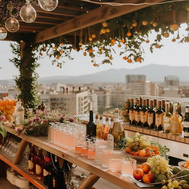 Fête d'été sur le toit avec vue sur l'horizon Table avec bouteilles et verres