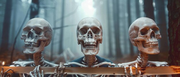 Une fête étrange d'Halloween avec des squelettes en bois et des bannières en bois.