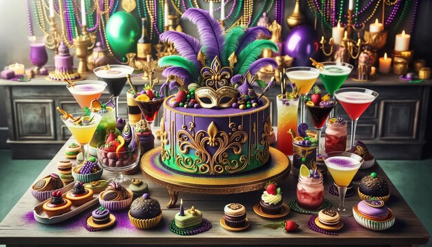 Fête de la fête Mardi Gras table de dessert avec des cupcakes en évidence Fête de la fête Mardi Gras