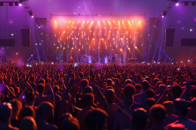 Fête de foule, lumières de scène, concert en direct, festival de musique d'été, image réaliste.