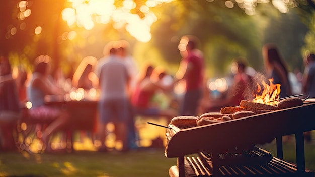 Fête de groupe en famille en plein air Concentrer sur le grillage de la nourriture dans les jardins publics espace pour le texte