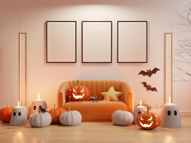 Fête d'halloween dans le salon avec canapé orange et cadre d'affiche maquette
