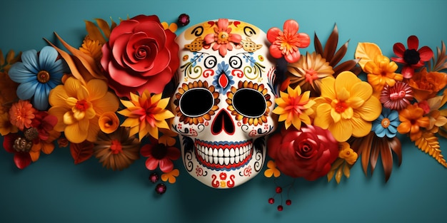 La fête d'Halloween Dia De Los Muertos à l'arrière-plan avec un crâne de sucre proéminent