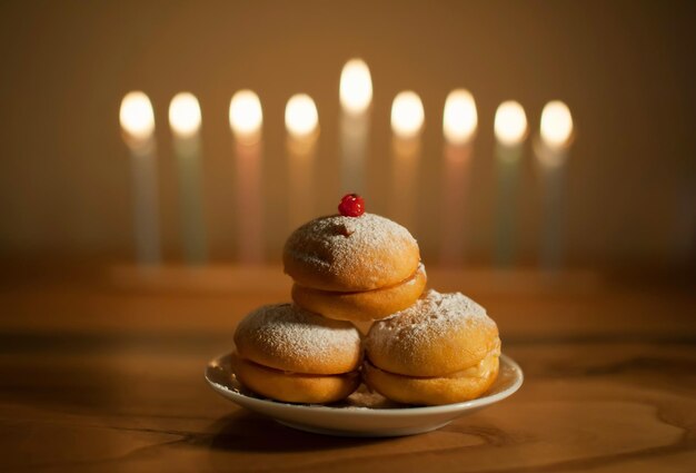 Fête de Hanouka Donuts et bougies sur la table dans le noir défoncé