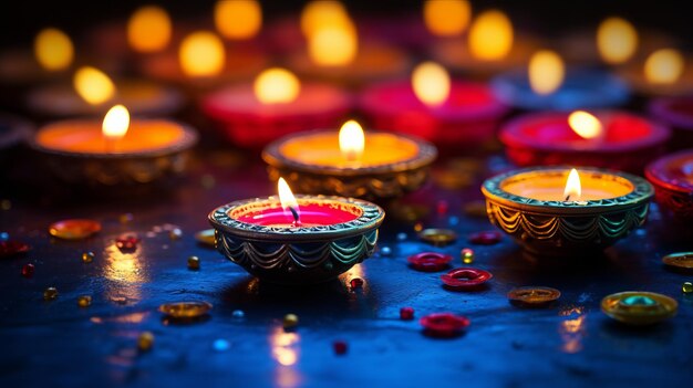 Photo fête indienne diwali diya lampes à huile allumées sur des rangolis colorés traditionnels hindous bonne deepavali