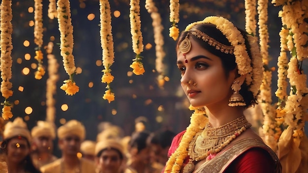 La fête indienne du dushehra montrant une guirlande de jasmine dorée et des fleurs