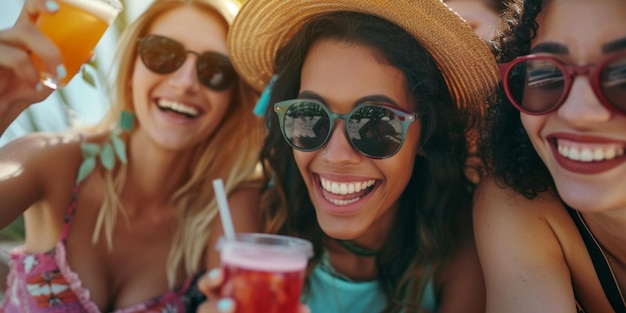 Une fête de jeunes gens heureux avec des cocktails, des amis qui s'amusent sur la plage, une IA générative.