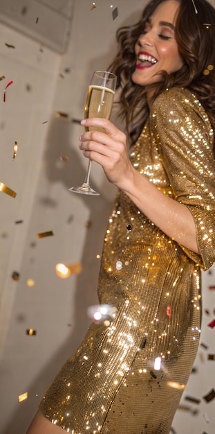 Fête joyeuse Femme en robe d'or étincelante avec du champagne et des confettis