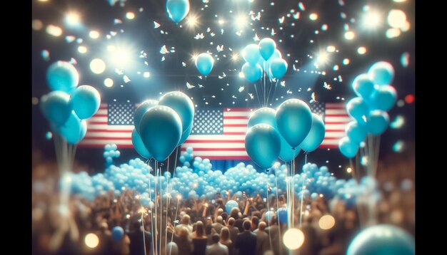 La fête jubilante du parti démocrate avec des feux d'artifice et des ballons scintillants