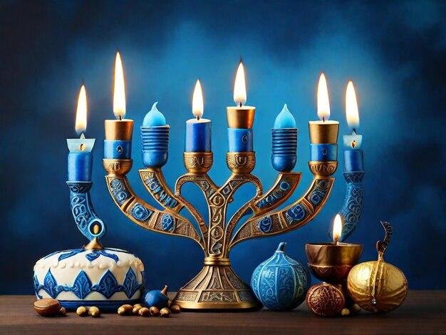 La fête juive Hanukkah avec la ménora sur bleu