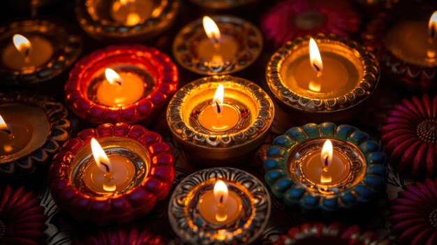 Photo la fête des lumières de diwali avec des bougies à l'arrière-plan de la photo macro