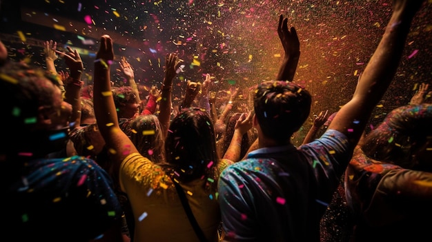 Une fête lumineuse mettant en vedette des artistes se produisant en concert allumant des confettis et de l'IA générative