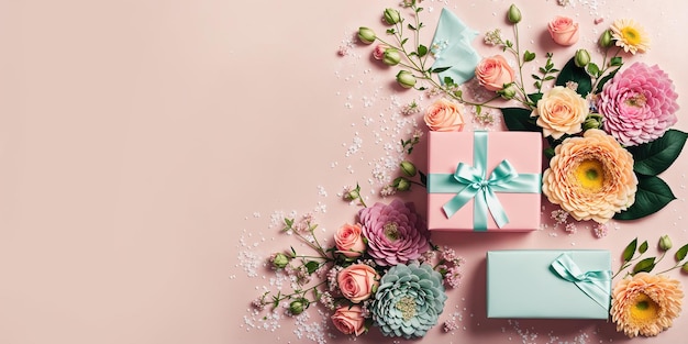 Fête des mères saint valentin cadeaux fleurs carte de voeux fond pastel bannière AI générative