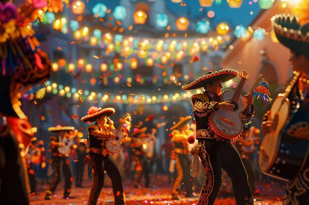 Une fête mexicaine animée avec des groupes de mariachis