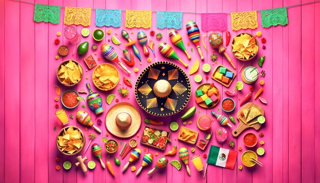 Fête mexicaine avec des décorations colorées et une cuisine traditionnelle