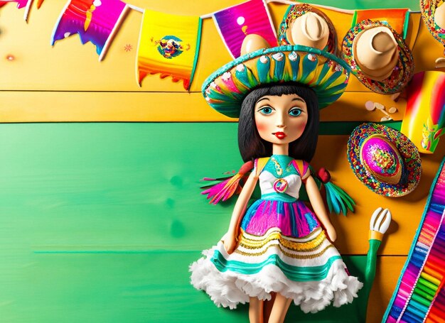 Photo fête mexicaine avec une jolie poupée et des bonbons colorés