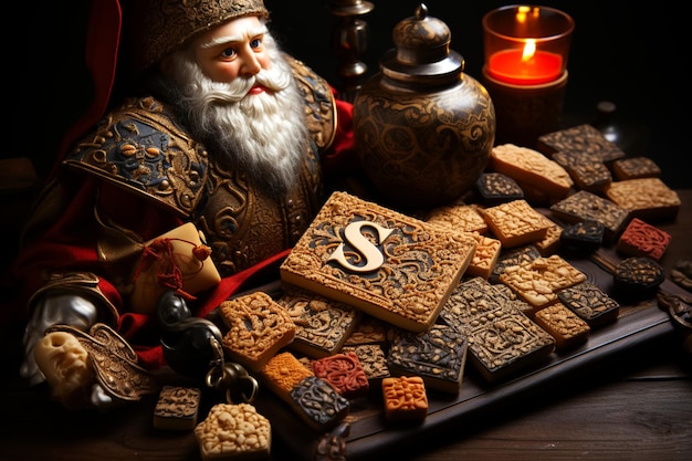Photo fête néerlandaise de noël avec des biscuits, des bonbons, du chocolat pour la fête de saint-nicolas le 5 décembre