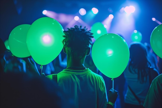 Photo une fête nocturne animée avec des ballons et des lumières vertes au néon