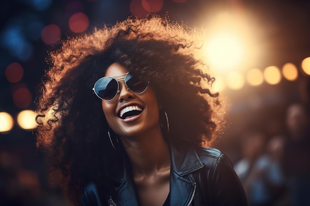 Fête nocturne en plein air femme afro-américaine riante avec des lunettes de soleil dansant dans la foule festival de musique hipster heureux