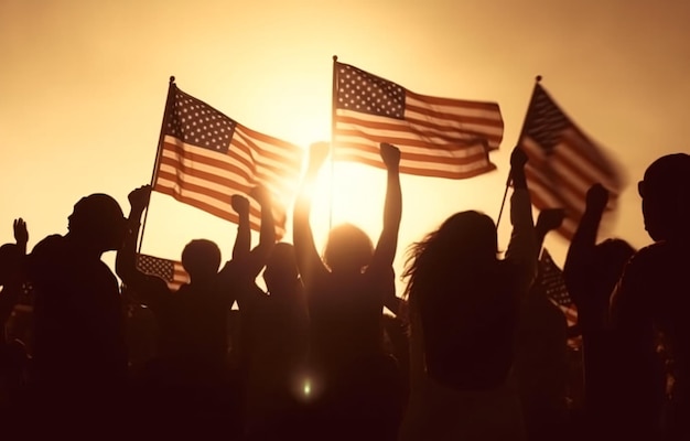 Photo fête patriotique silhouettes de personnes tenant le drapeau des états-unis l'amérique célèbre le 4 juillet generative ai