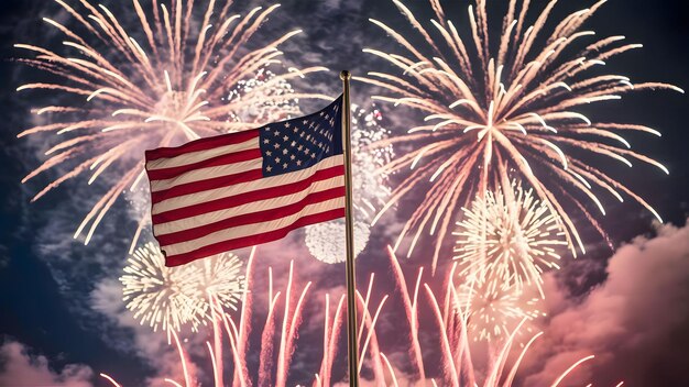 Fête patriotique Les États-Unis célèbrent le 4 juillet Le drapeau américain sur fond de feux d'artifice