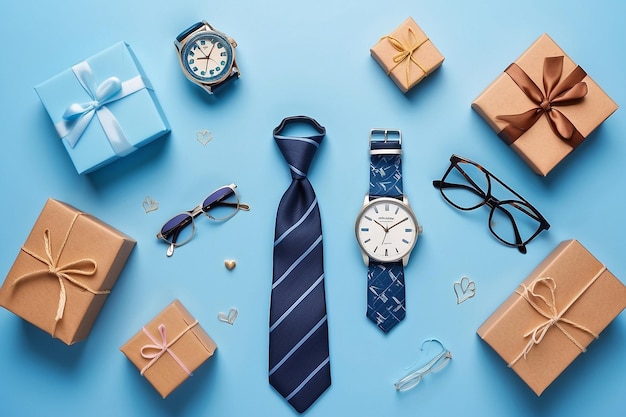 La fête des pères sur un fond bleu avec des lunettes, une horloge à cravate et des cadeaux pour papa.