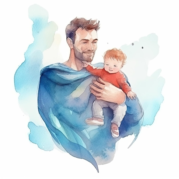 Fête des pères Père avec enfant aquarelle Illustration AI GenerativexA