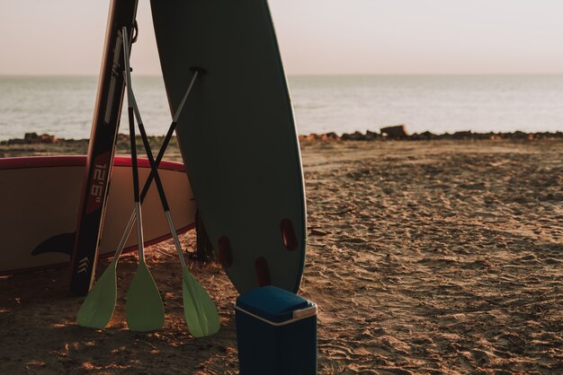 Fête sur la plage. Surfs Et Pagaies Sur Le Sable.