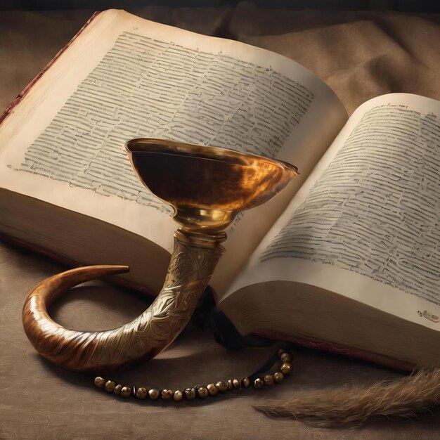 Photo fête religieuse juive avec le chofar, la kippah et le livre de prières tallit