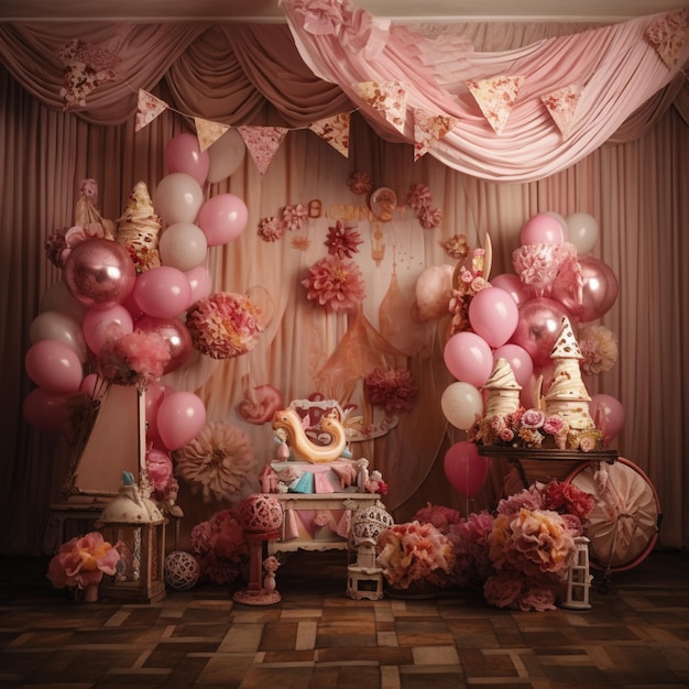 Une fête avec un rideau rose et un gâteau et une bannière qui dit princesse dessus.