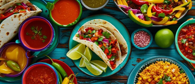 Photo une fête de saveurs tacos colorés salsas vibrantes et citron vert incarnent l'esprit de la cuisine mexicaine sur une table animée