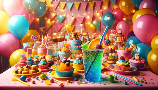 Une fête de soda sale avec un fond d'anniversaire coloré