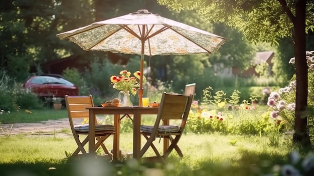 Fête de table de pique-nique de jardin d'été générative IA générée par l'IA avec parapluie dîner de café famille heure d'europe Art graphique